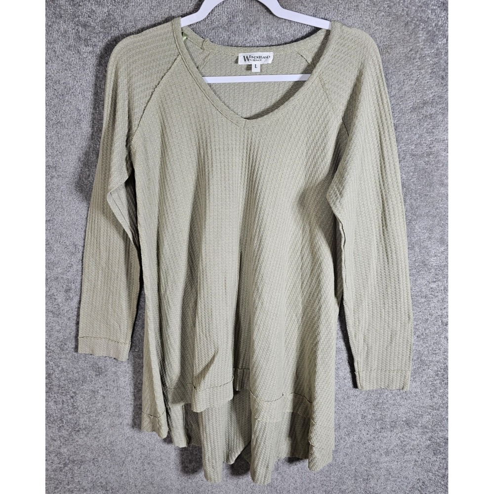 Wonderland By Orange Waffle Knit Tunic Top Womens Large Vneck Raw Seam Lagenlook
